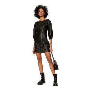 ba&sh Sae Faux Leather Mini Dress 3/4 Sleeves in Black Size Small